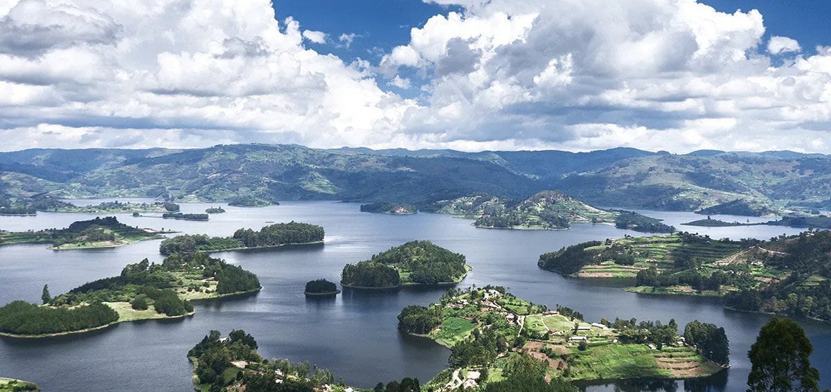 Crater lakes and green hills in Uganda